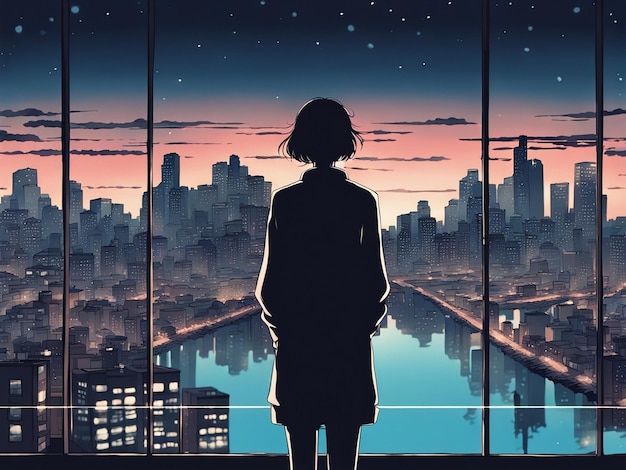 Riflessioni notturne lofi carta da parati manga di una scena triste ma bella con paesaggio cittadino