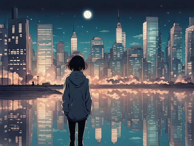 Riflessioni notturne lofi carta da parati manga di una scena triste ma bella con paesaggio cittadino