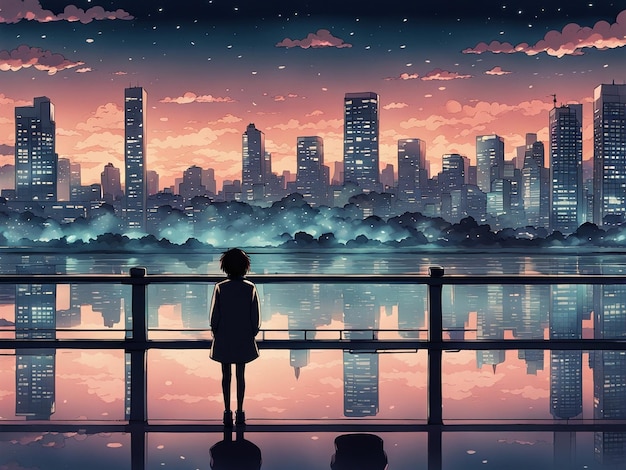 Riflessioni notturne sfondo manga lofi di una scena triste ma bella con il paesaggio urbano