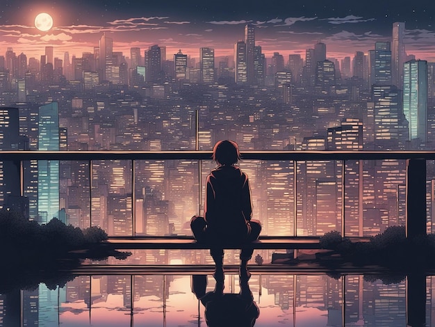 Riflessioni notturne sfondo manga lofi di una scena triste ma bella con il paesaggio urbano