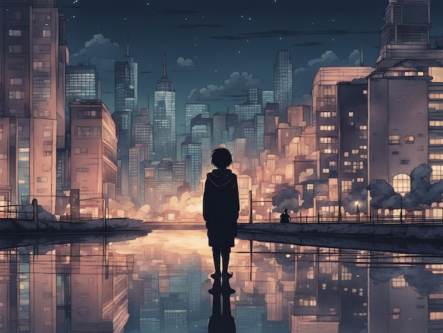 Riflessioni notturne sfondo manga lofi di una scena triste ma bella con il paesaggio urbano