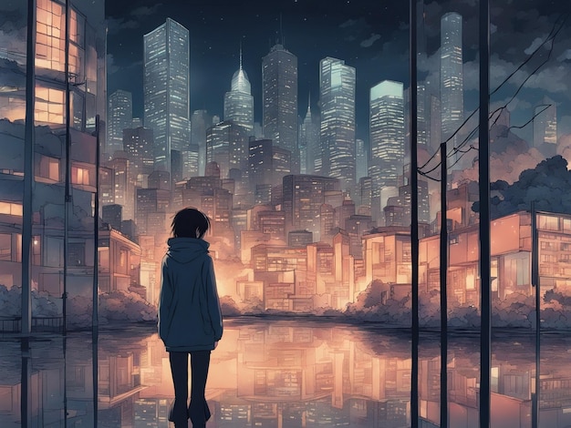 Riflessioni notturne sfondo manga lofi di una scena triste ma bella con il paesaggio urbano