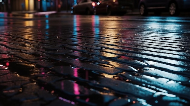 Riflessioni urbane di luci al neon sulla texture dell'asfalto bagnato Generative AI