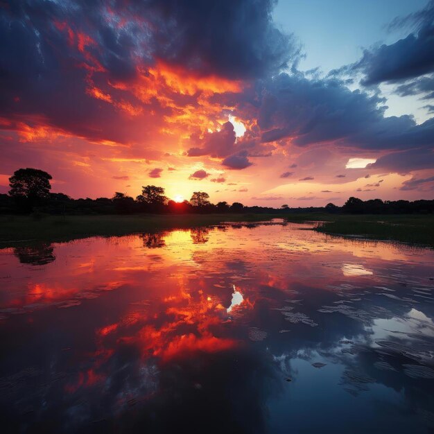 Riflesso del tramonto con cieli drammatici e fauna selvatica esplosiva