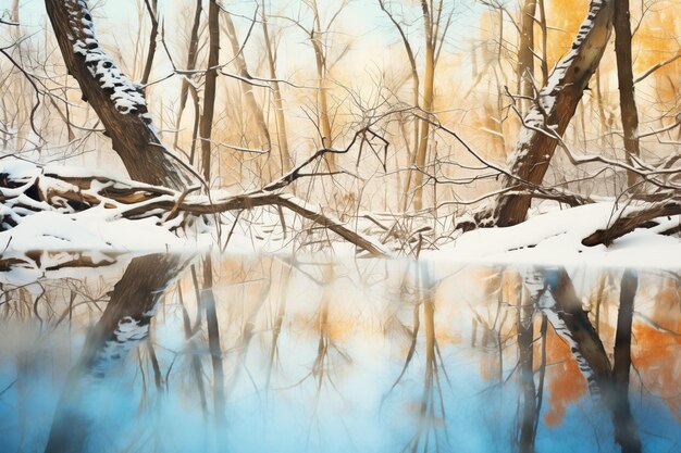 Riflesso delle foreste invernali in un ruscello semi-congelato