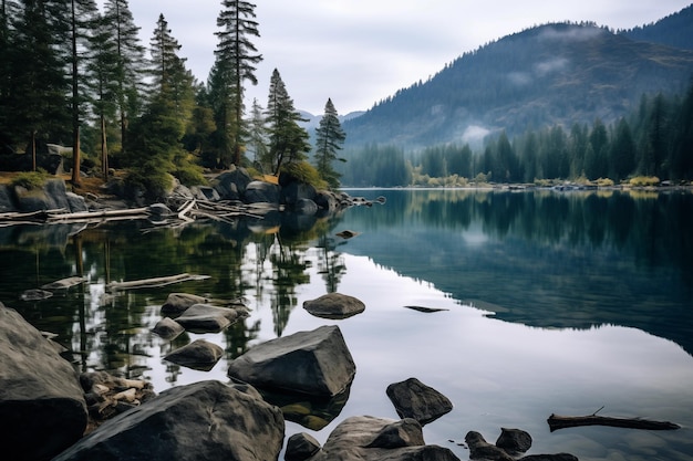 Riflesso delle montagne nel lago con rocce e alberi in primo piano Fogy mattina