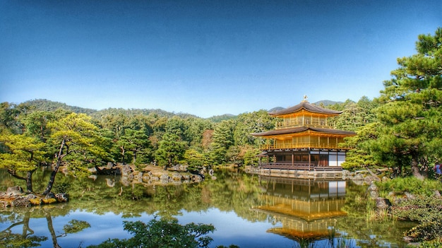 Riflesso di kinkaku-ji e alberi nel lago contro un cielo limpido