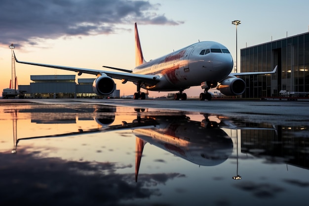 Riflesso di un aereo passeggeri vicino all'autostrada catturato in una pozzanghera