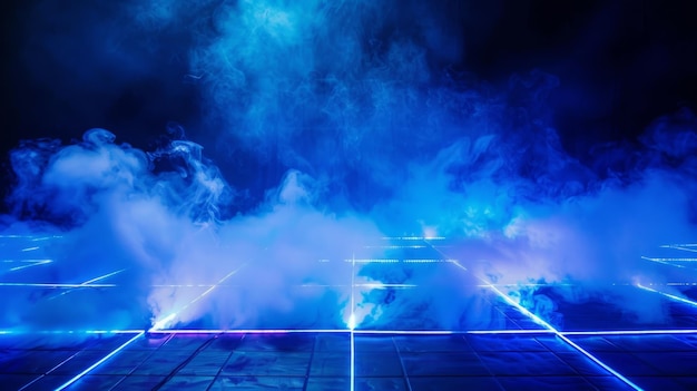 Riflesso umido di cemento di luci al neon, proiettore di fumo, luce astratta su una strada buia e vuota con fumo, smog e scena di una stanza vuota.
