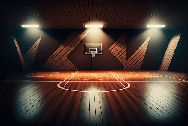 Riflettori di illuminazione per pavimenti in legno e tribuna su un campo da basket