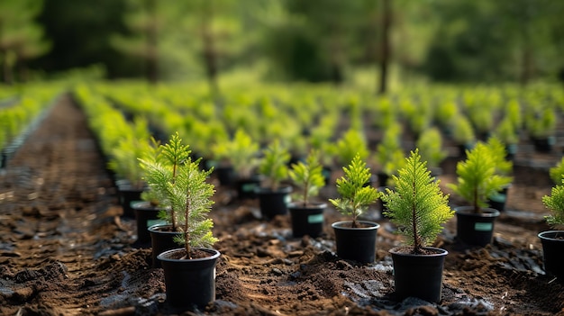 Riforestazione dei pini nel vivaio con spazio vuoto un concetto di piantagione di alberi IA generativa