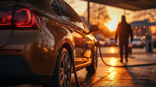 Rifornimento di carburante di un'auto elettrica in una stazione di servizio Rifornimento d'energia di un'automobile elettrica in un'stazione di servizio