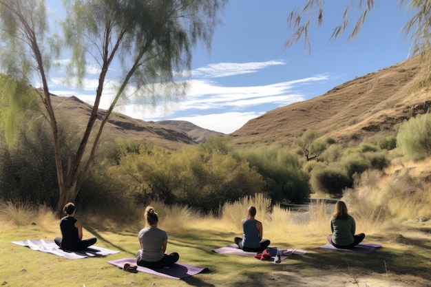 Rifugio benessere con attività all'aperto, tra cui escursioni e yoga, creato con l'IA generativa