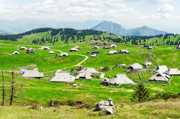 Rifugio di montagna, casa in verde collina. Paesaggio di prati alpini. Agricoltura ecologica. Paesaggio sloveno