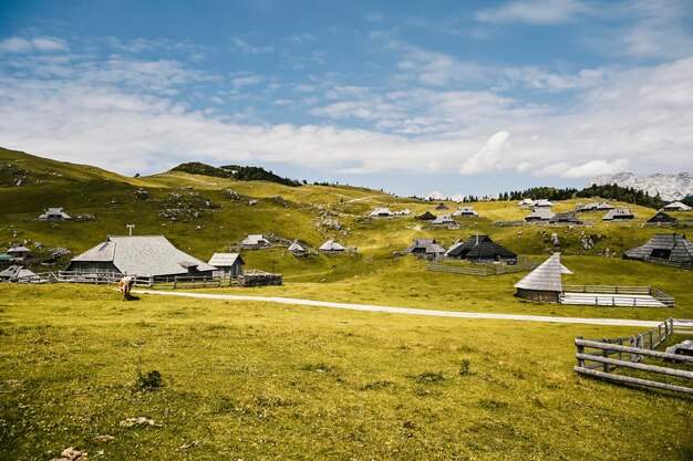 Rifugio di montagna o casa sulla collina Velika Planina paesaggio di prati alpini Agricoltura ecologica Meta di viaggio per escursioni in famiglia Alpi di Kamnik Slovenia Grande altopiano