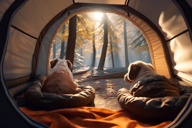 Rifugio nella foresta pieno di pelliccia Viaggiare con cani da compagnia in un'accogliente tenda nel bosco