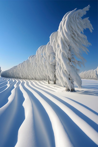 Riga degli alberi innevati in un campo nevoso ai generativo