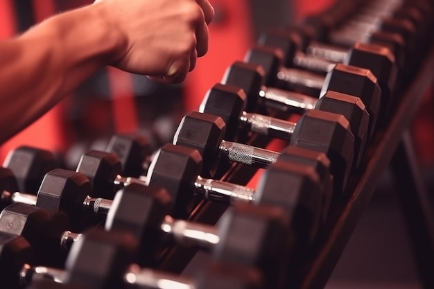 Righe di manubri in palestra con la mano