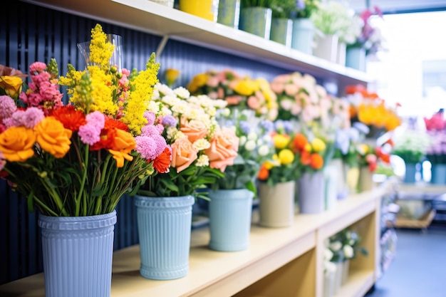 Righe di mazzi di fiori colorati sugli scaffali