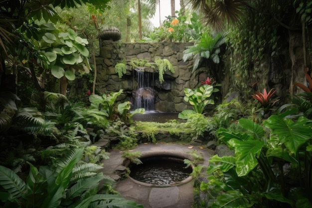 Rigoglioso giardino con cascata e mini grotta circondati da una vegetazione lussureggiante