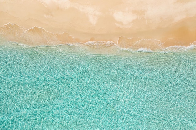 Rilassante scena aerea della spiaggia, banner del modello di vacanza per le vacanze estive. Le onde navigano con un blu incredibile