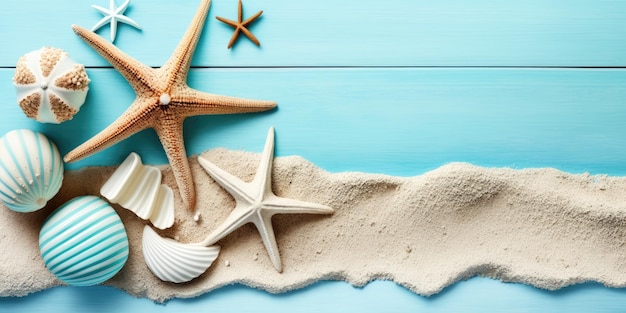 Rilassante vacanza al mare con stelle marine e conchiglie su legno blu pastello