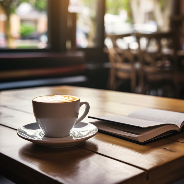 Rilassarsi con un libro in un caffè un notebook per smartphone e un tablet su un bancone di legno vicino a una tazza di caffè bianca dopo il lavoro