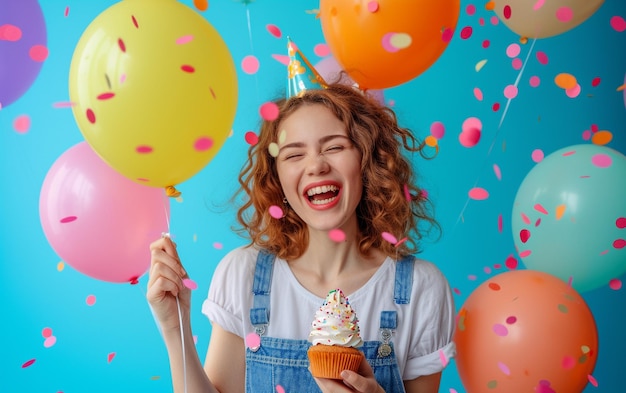 Rilassate felicità di compleanno Donne che sembrano allegre sorridendo tenendo una torta di compleanno e palloncini