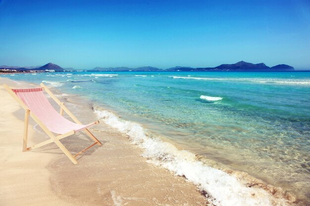 Rilassatevi sulla spiaggia tropicale al sole sulle sedie a sdraio