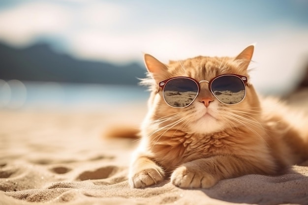 Rilassati Cat Beach Vibes con occhiali da sole in estate Generative AI