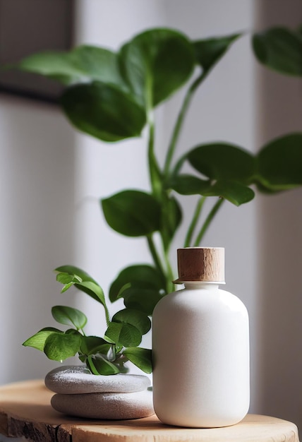 Rilassati composizione massaggio pietra bianca pompa lozione bottiglia verde pianta sul tavolo in legno di pino spa pulita