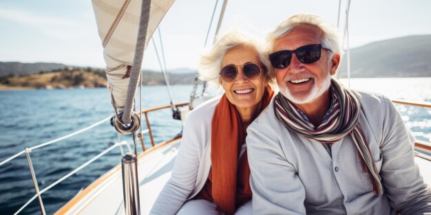 Rilassati di coppia anziana che navigano su uno yacht di lusso Generative AI
