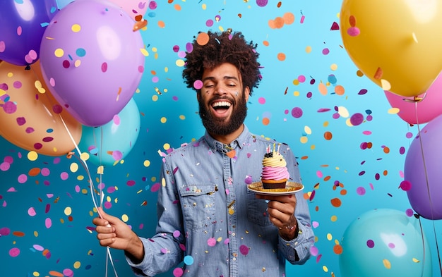 Rilassato felice compleanno ragazzo che cerca allegro sorridendo tenendo una torta di compleanno e palloncini