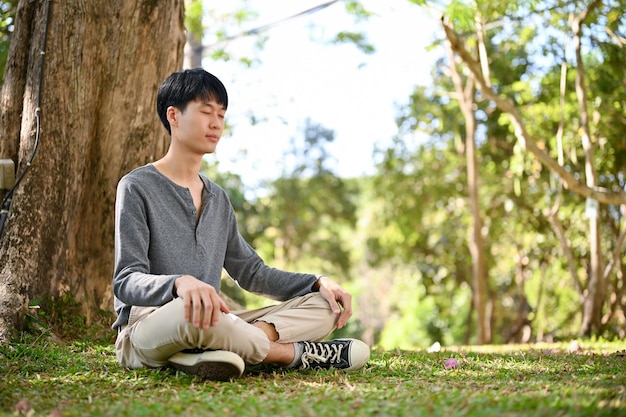 Rilassato giovane asiatico in abiti casual meditando sotto l'albero nel parco verde