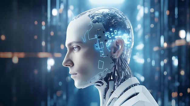 Rilevamento e riconoscimento facciale del robot bianco AI Visione informatica e intelligenza artificiale conce