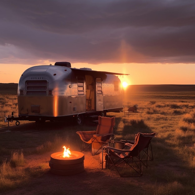 Rimorchio Airstream d'epoca parcheggiato nel mezzo di un vasto paesaggio di praterie con vista sul tramonto