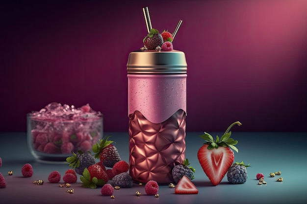 Rinfrescante bevanda alla fragola in un bicchiere di metallo Illustrazione 3D di una bottiglia riutilizzabile in acciaio rosa riempita con un frullato fruttato ghiacciato e bacche fresche sullo sfondo