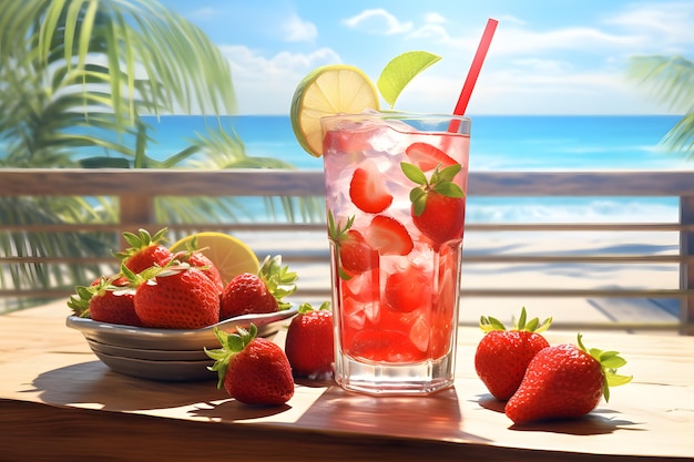 Rinfrescante bevanda estiva con fragole lime e menta sulla spiaggia