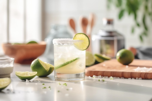 Rinfrescante classico cocktail Margarita con lime e menta su tavolo bianco in cucina bianca Foto in primo piano con spazio per il testo