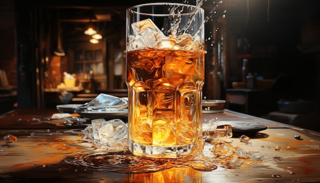 Rinfrescante cocktail di whisky versato sul ghiaccio in un bar poco illuminato generato dall'intelligenza artificiale