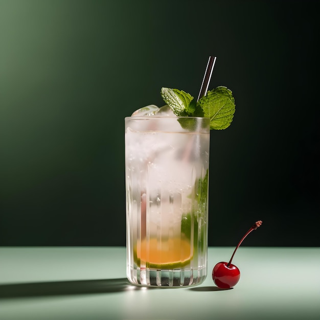 Rinfrescante cocktail estivo con menta fresca al limone e una ciliegia su sfondo scuro minimalista