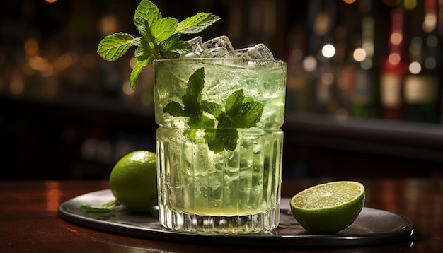 Rinfrescante cocktail mojito estivo con lime e foglie di menta generato dall'intelligenza artificiale