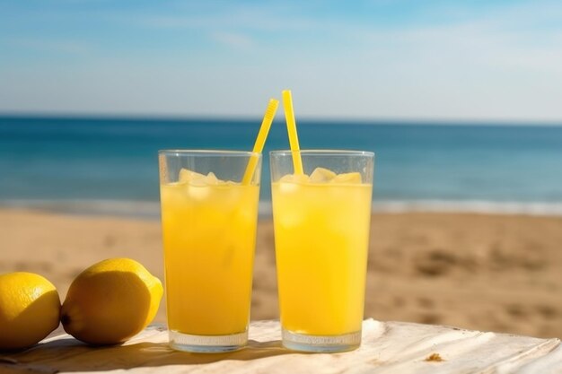 Rinfrescante limonata estiva e bicchieri sulla vista della spiaggia creati con l'IA generativa