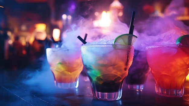 Rinfrescanti cocktail alcolici con ghiaccio secco, menta e frutta sulla barra in primo piano Vapore bianco intorno ai bicchieri