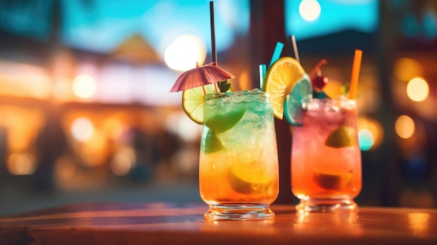 Rinfrescanti cocktail alcolici con menta ghiacciata e frutta sulla vista del primo piano del bar Festa sulla spiaggia Summer Time