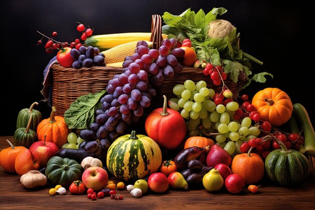 Ringraziamento con frutta e verdura su legna in autunno e autunno raccolta stagione cornucopia