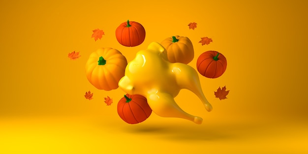 Ringraziamento con tacchino, zucche e foglie d'autunno. Copia spazio. illustrazione 3D.