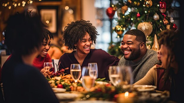 Ringraziamento per una famiglia afroamericana con i suoi figli e nonni al tavolo da pranzo di Natale