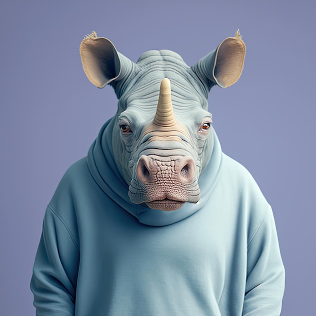 Rinoceronte alla moda in felpa Ritratto monocromatico blu IA generativa