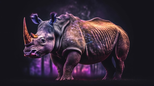 rinoceronte con bei colori e luce su un buio